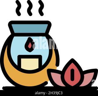 Duftlampe und Lotus-Symbol. Umriss Aroma Lampe und Lotus Vektor Symbol Farbe flach isoliert Stock Vektor