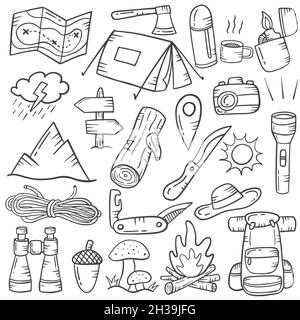 Camping Concept Doodle handgezeichnete Set-Kollektionen mit Umriss schwarz-weißen Stil Vektor-Illustration Stockfoto