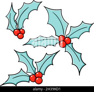 Holly Doodle Vektor Skizzen Weihnachten Set. Winter Blumen Illustration Kollektion. Blaue Mistel mit roten Blumen helle trendige Illustration isoliert auf weißem Hintergrund Stock Vektor
