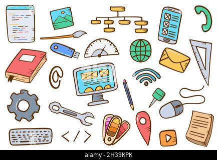 Website Design Industrie Konzept Doodle Hand gezeichnet Set Kollektionen mit flachen Umriss Stil Vektor Illustration Stockfoto