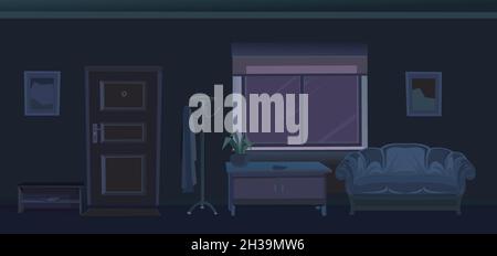 Flurtür und Fenster. Gemütliches Zimmer in einem Wohngebäude in der Nacht. Möbel im Inneren. Dunkelheit. Illustration Cartoon-Stil flach Design Stock Vektor