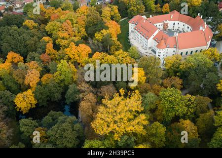 Luftaufnahme des historischen Schlosses, umgeben von einem englischen Park mit seltenen Bäumen in Herbstfarben, Pezinok, Slowakei Stockfoto