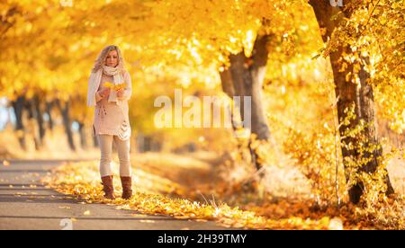 Erwachsene Frau im Park mit einem Strauß Ahornblätter in einem Herbst-Outfit gekleidet. Stockfoto