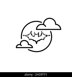 Halloween Fledermaus Silhouette fliegen gegen den Mond. Pixel-perfektes, bearbeitbares Strichliniensymbol Stock Vektor