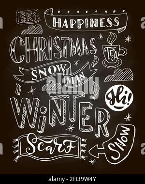 Handskizzierte Winterkarte, Abzeichen, Symboltypografie. Schriftzug Frohe Weihnachten zu Weihnachten, Neujahrsgrußkarte, Einladungsvorlage, Banner Stock Vektor