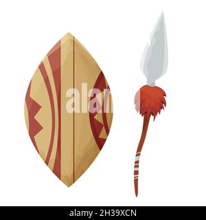 Afrikanisches Schild traditionelles Holzbrett mit Tribal Ornament und Speer im Cartoon-Stil isoliert auf weißem Hintergrund. Waffe des Südkriegers. Verziert mit Stöcken. Vektorgrafik Stock Vektor