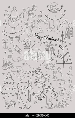 Großes Set an Design-Elementen für Weihnachten und Neujahr im Doodle-Stil. Vektorgrafik. Isoliert. Umriss, Handzeichnungen für Design und Dekor Postkarte Stock Vektor