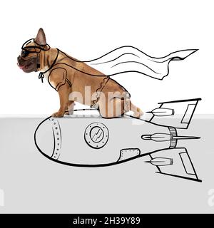 Zeitgenössische Kunstwerke. Ein süßer, witziger Hund wie ein Superheld, isoliert auf weißem Studiohintergrund in Neon mit Zeichnungen. Stockfoto