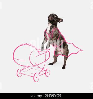 Zeitgenössische Kunstwerke. Ein netter lustiger Hund, französische Bulldogge wie Babysitter isoliert auf weißem Studiohintergrund mit Zeichnungen. Stockfoto