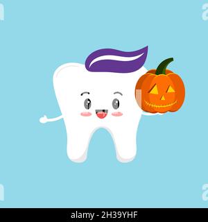 Niedlicher Zahn mit orangefarbenem Kürbis in der Hand isoliert Vektor-Symbol. Stock Vektor