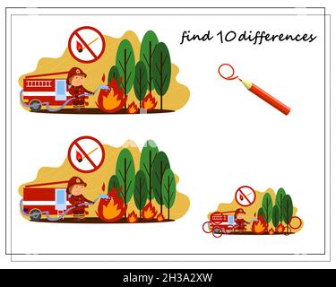 Ein logisches Spiel für Kinder finden die Unterschiede, ein Feuerwehrmann löscht ein Feuer. vektor Stock Vektor