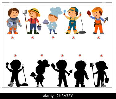 Ein logisches Spiel für Kinder finden den richtigen Schatten, Cartoon Kinder verschiedener Berufe. vektor Stock Vektor