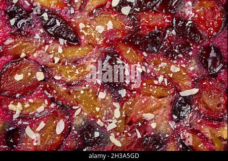 Makro selektive Fokus Lebensmittel Hintergrund Torte oder Kuchen mit Pflaumen und Mandelblüten. Draufsicht Stockfoto