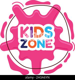 Logo für die Kinderzone. Cartoon Spielplatz Banner mit rosa Splash Stock Vektor