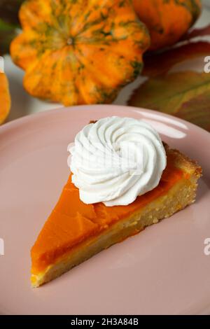 Nahaufnahme eines Kürbiskuchens, ein reichhaltiges hausgemachtes Thanksgiving-Dessert für Bäckereimenüs Stockfoto