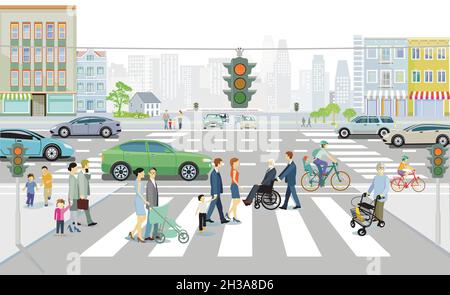 City Silhouette mit Straßenverkehr und Fußgängern auf dem Zebrastreifen, Illustration Stock Vektor