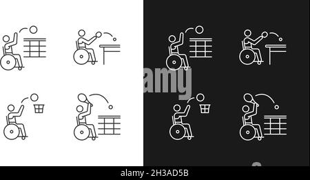 Adaptive Rollstuhl Sport lineare Symbole für den Dunkel- und Lichtmodus eingestellt Stock Vektor