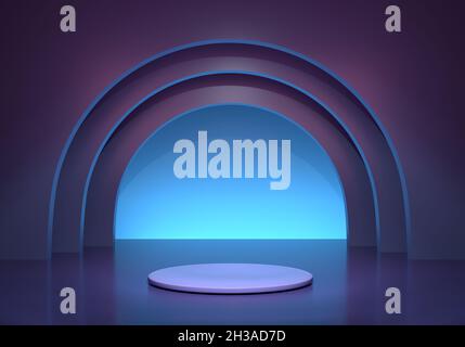 Surreal dunkel abstrakt lila-blau Laufsteg. Der Sockel ist in Neonfarbe mit Bögen und hellem Glanz. 3D Rendern Stockfoto
