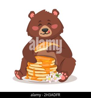 Cartoon Bär essen Pfannkuchen mit Ahornsirup. Stock Vektor