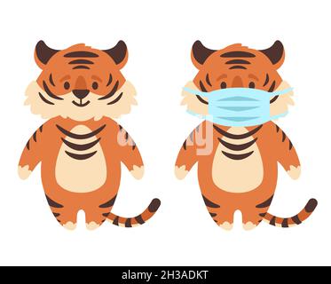 Niedlicher Tiger mit einer schützenden Gesichtsmaske Stock Vektor