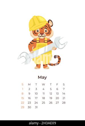 Cartoon Tiger Mai 2022 Kalender A4-Format Vorlage. Stock Vektor