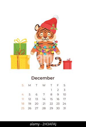 Cartoon Tiger Dezember 2022 Kalender A4 vertikale Vorlage. Stock Vektor