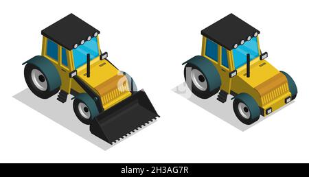 Isometrischer Traktor für Baumaschinen. Industrielle Maschinen und Anlagen. Realistischer 3D-Vektor auf weißem Hintergrund isoliert Stock Vektor