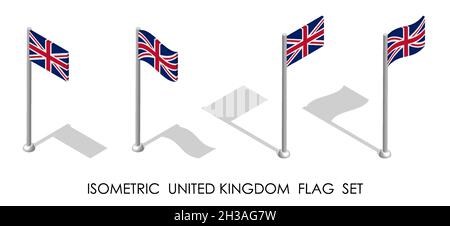 Isometrische Flagge des Vereinigten Königreichs von Großbritannien und Nordirland in statischer Position und in Bewegung auf Fahnenmast. 3d-Vektor Stock Vektor