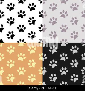 Satz von nahtlosen Mustern mit Silhouetten von Pads der Katze Pfoten. Tierpfoten auf dem Boden. Ornament für Dekoration und Druck auf Stoff. Design Stock Vektor