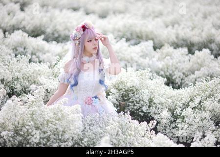 Rückansicht einer asiatischen Frau in weißem Lolita-Kleid im weißen Blumenpark Stockfoto