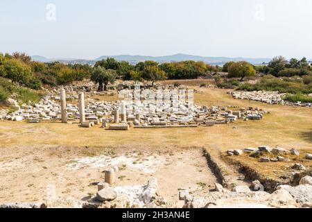 Ruinen des Agora-Tempels in der antiken griechischen Stadt Teos in der türkischen Provinz Izmir. Teos war eine antike griechische Stadt an der Küste von Ionien. Teos war ein Flo Stockfoto