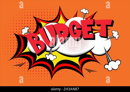Budget Comic Lettering Vektor-Cartoon-Illustration im Retro-Pop-Art-Stil auf Halbton-Hintergrund Stock Vektor