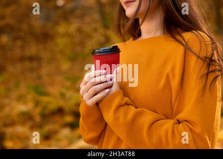 Nahaufnahme Frau Hände halten roten Papierbecher auf gefallenen gelben Blättern Hintergrund Stockfoto