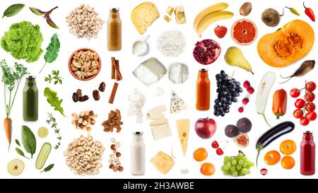Milch, Nüsse, Zimt, Kürbis und Bananen, Käse, Trauben, Grapefruit und Gurke Stockfoto
