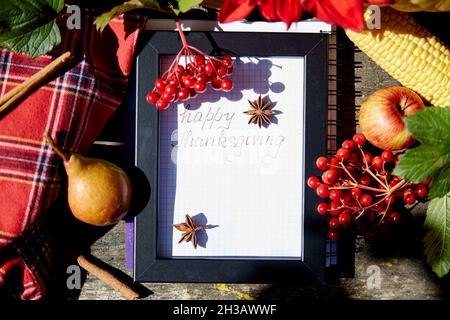 Handschriftliche Glückwünsche zum Thanksgiving Day-Gruß in einem Rahmen zwischen herbstlichem Gemüse: dahlien, Birne, Zimtstangen und Viburnum. Hohe Qualität Stockfoto