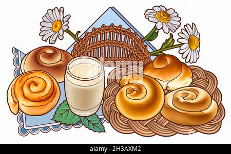 Brötchen und Milch, Weidenserviette Hand gezeichnet Vektor Doodle Illustration. Stock Vektor