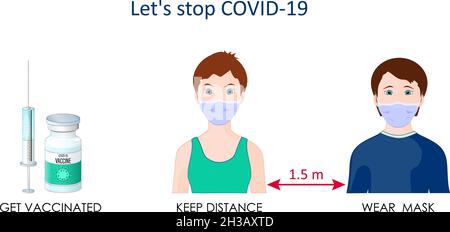 Stop covid-19. Impfstoffflasche und Spritzeninjektionswerkzeug. Abstand halten, geimpft werden, Gesichtsmaske tragen. Symbol für Tipps zur Prävention von Coronavirus-Erkrankungen Stock Vektor