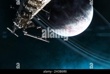 Raumstation auf dem Hintergrund des tiefen Weltraumplaneten Stockfoto