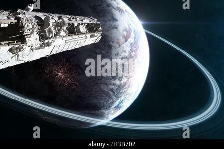 Raumstation auf dem Hintergrund des tiefen Weltraumplaneten Stockfoto