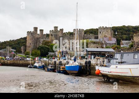 Conwy Quay und Strand mit Blick auf das Castle, Conwy, Clwyd, Wales Stockfoto