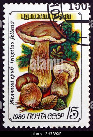 RUSSLAND - UM 1986: Eine in Russland gedruckte Marke zeigt bitteren Bolete, Tylopilus Felleus, einen Pilz der Familie Bolete, um 1986 Stockfoto