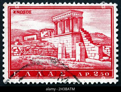 GRIECHENLAND - UM 1961: Eine in Griechenland gedruckte Briefmarke zeigt Knossos, antikes Monument, um 1961 Stockfoto
