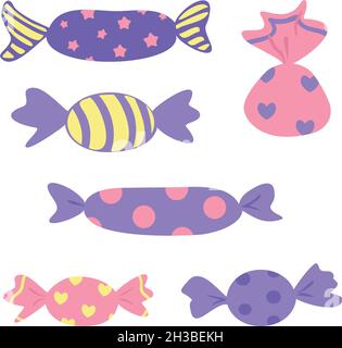 Vektorgrafik mit Sammlung von Süßigkeiten. Set aus Bonbons in Verpackungen. Stock Vektor