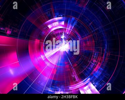 Leuchtende Scheibe mit Zellen und Lichtstrahlen - abstrakte 3d-Illustration Stockfoto