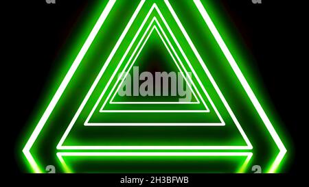 Dreieckige Neon-Animation. Animation von Neontunnel bestehend aus Dreiecken. Schwarzer Hintergrund, beleuchtet durch Neon-Leuchtreklamen Stockfoto