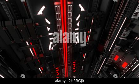 Abstrakte futuristische Animation mit technologischem Tunnel, nahtloser Schleife. Animation. Fliegen durch ungewöhnlichen Korrdor mit hell leuchtender Lichtlinie. Stockfoto