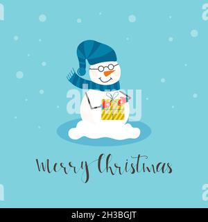 Fröhliche weihnachtsschneemänner mit verschiedenen Geschenken. Lustiger Schneemann trägt Hut, Schal mit Baum. Festlich glücklich Weihnachten Urlaub niedlichen Charakter, flach vecto Stock Vektor
