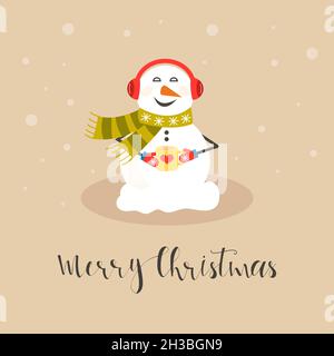 Fröhliche weihnachtsschneemänner mit verschiedenen Geschenken. Lustiger Schneemann trägt Hut, Schal mit Baum. Festlich glücklich Weihnachten Urlaub niedlichen Charakter, flach vecto Stock Vektor