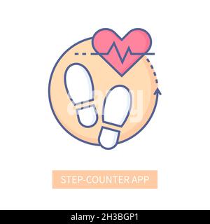 Step-counter App - modernes Liniendesign-Stil-Symbol auf weißem Hintergrund. Ordentliches, detailliertes Bild von zwei Schuhmarken in gelbem Kreis mit kleinem Pfeil und rot Stock Vektor