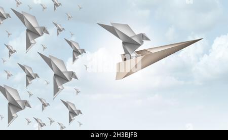 Kreative Business-Lösungen und cleveres Innovationslösungskonzept mit einer innovativen Idee als Origami-Vogel mit einem Papierflugzeug zu gewinnen. Stockfoto